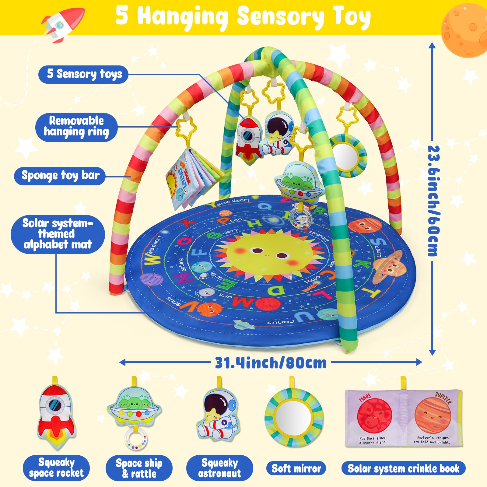 OKOOKO solar system alphabet mat closeup highlights colorful planets for curious babies.