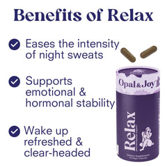 Opal & Joy Relax ingredients close-up featuring adaptogens for balance.
