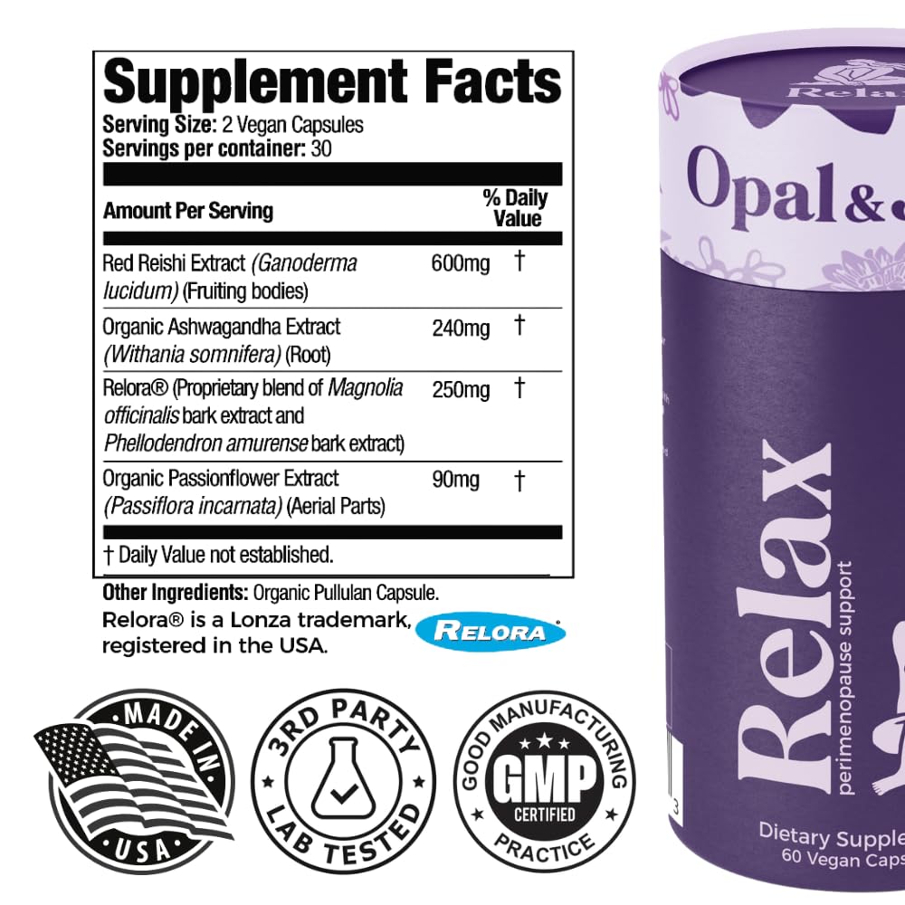 Opal & Joy Relax vegan non-GMO label close-up signaling clean ingredients.