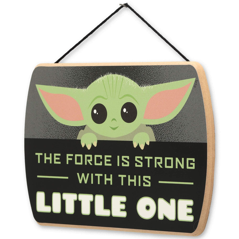 Baby Yoda peeking over the sign adds whimsical charm to a kid's room corner.