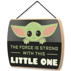 Baby Yoda peeking over the sign adds whimsical charm to a kid's room corner.
