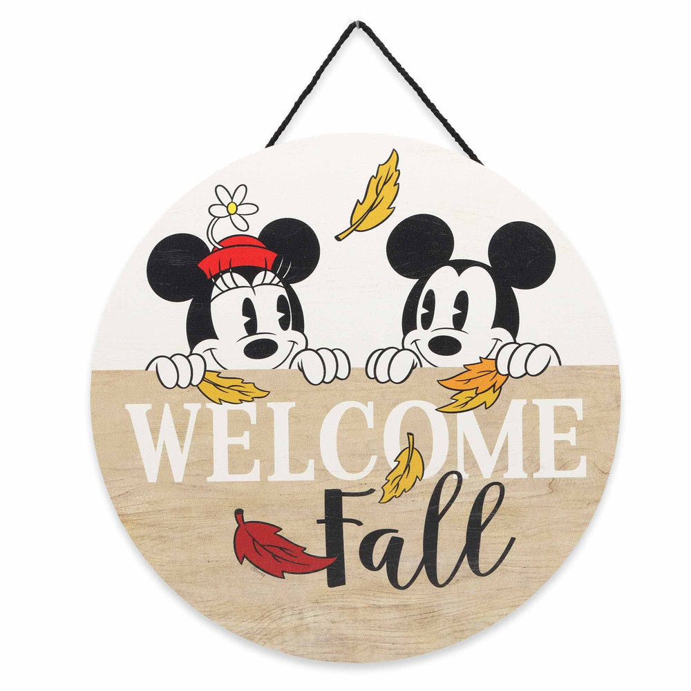 Open Road Brands Disney Mickey and Minnie Welcome Fall round sign for cozy seasonal greetings