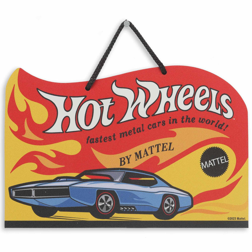 Open Road Brands Mattel Hot Wheels sign with blue car adds vibrant kid's room energy.