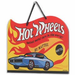 Blue car and flame logo evoke retro speed, ideal for playrooms and bedrooms.