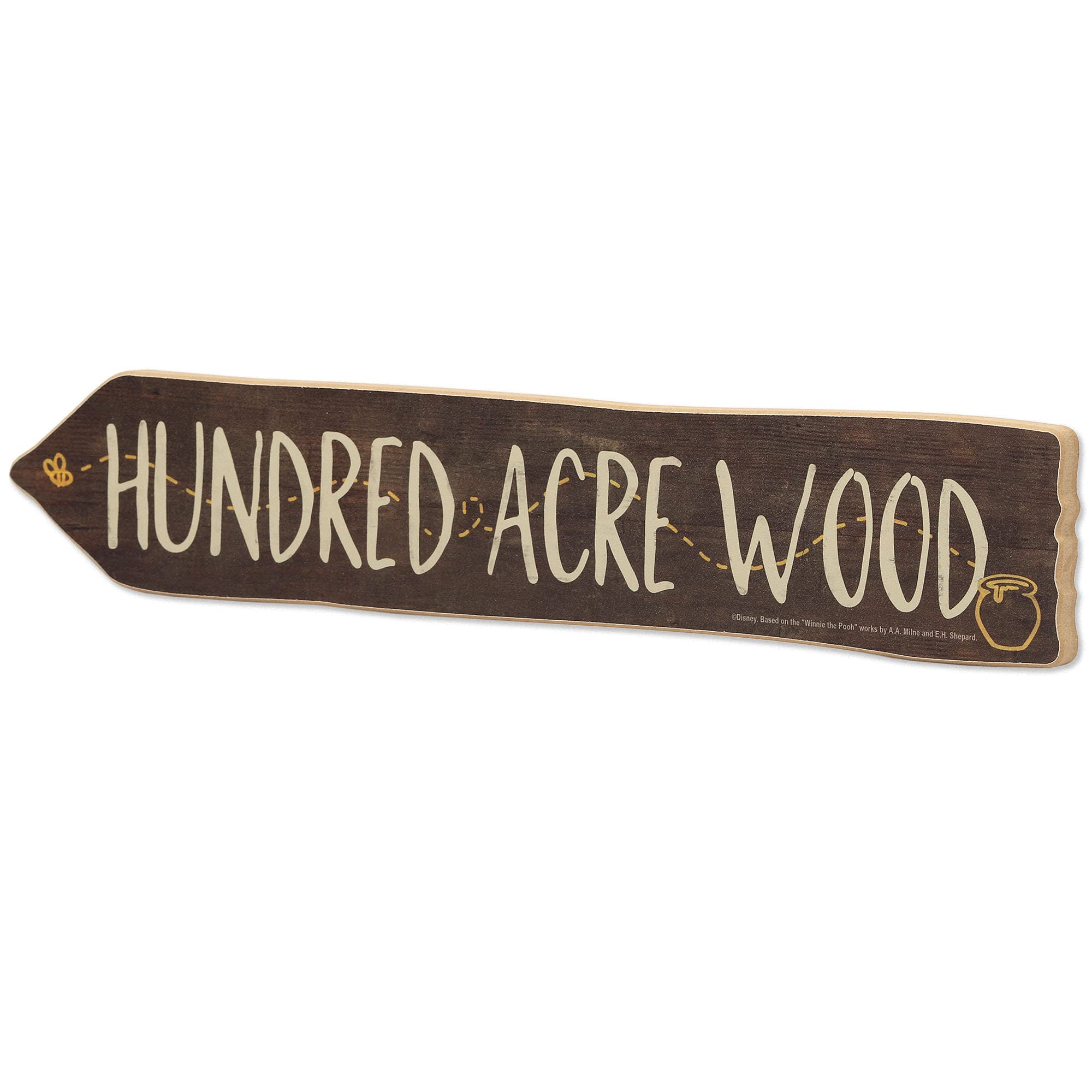 Open Road Brands Winnie the Pooh Hundred Acre Wood sign arrow close up showing aged charm.