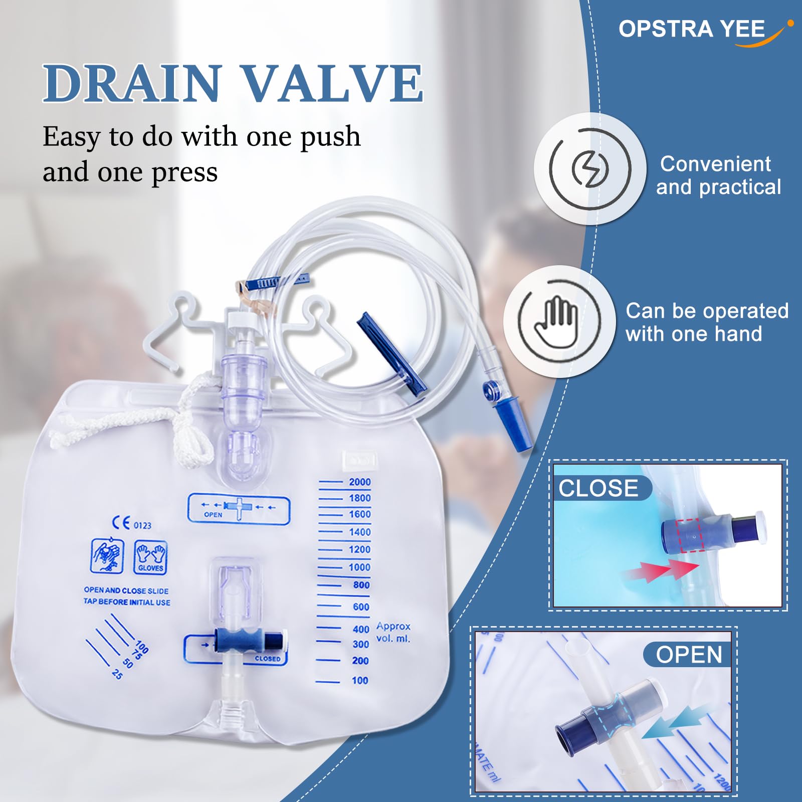 Opstra Yee urine bag with hanging rope and dual hooks for versatile mounting