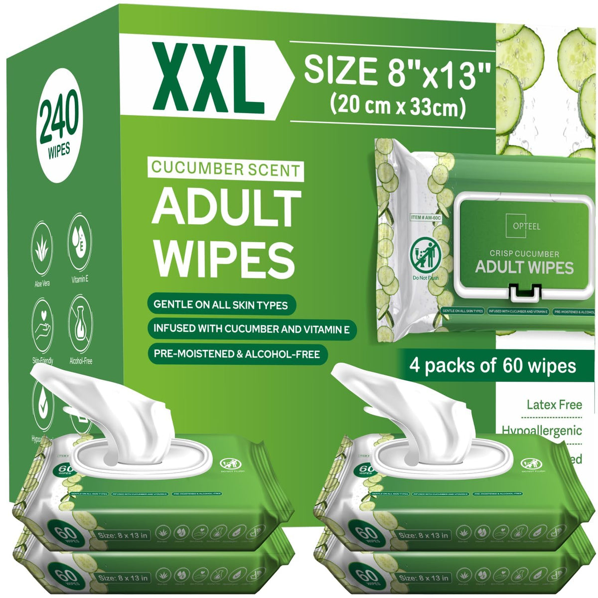 OPTEEL adult wipes extra-large front pack for quick bedside cleansing.