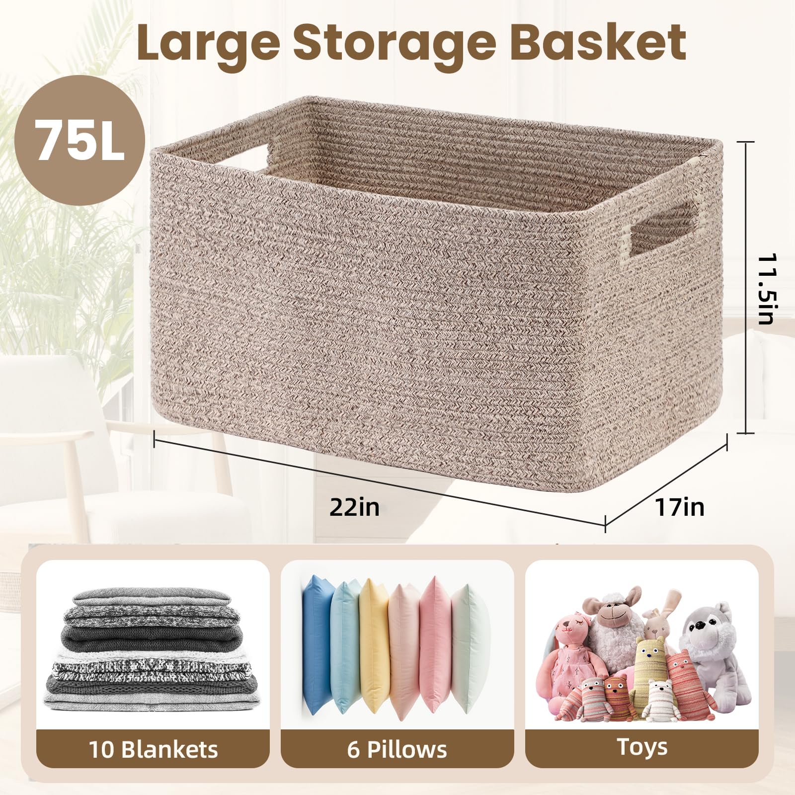 Optish 75L blanket basket close-up with sturdy handles