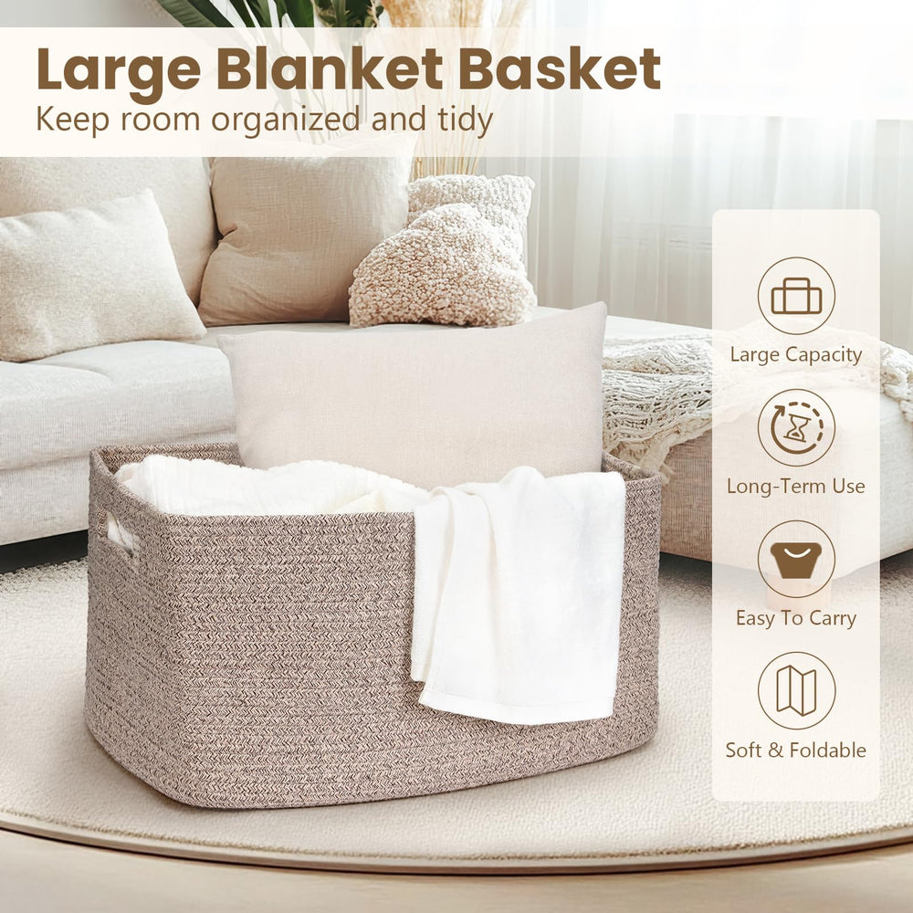 Optish 75L blanket basket wide shot in living room with warm decor