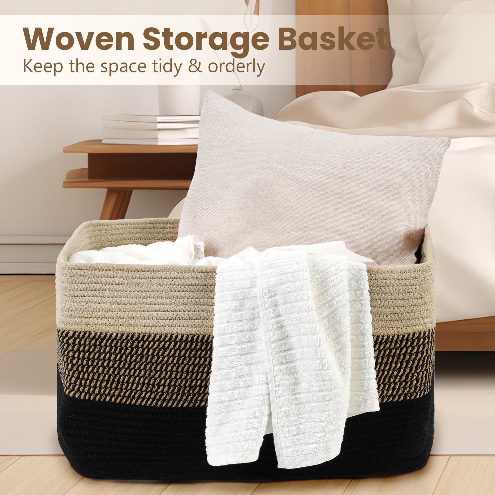 Optish blanket storage basket enhances living room decor with warm tones