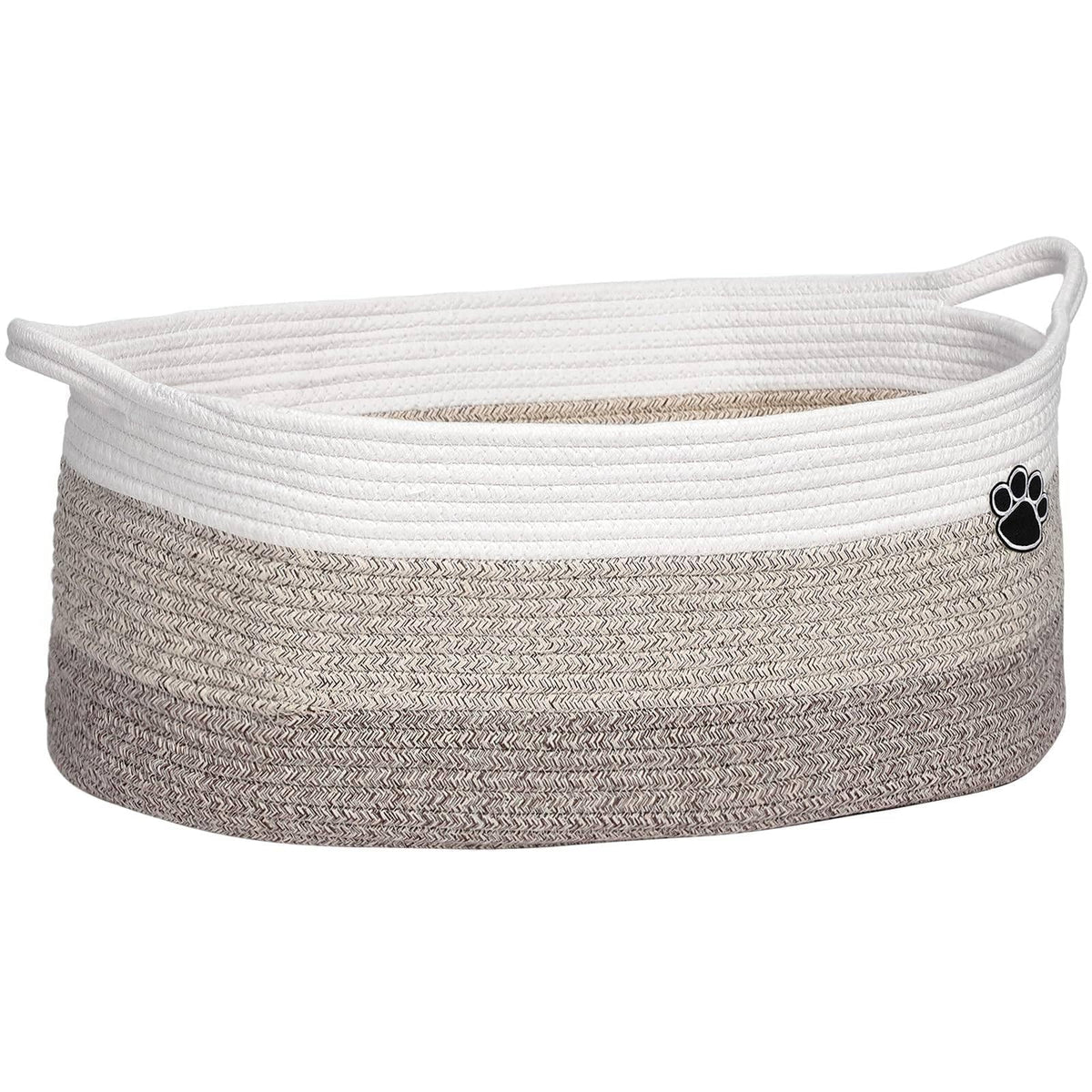 Optish dog toy basket front view in white and brown keeps toys organized.