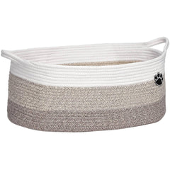 Optish dog toy basket front view in white and brown keeps toys organized.