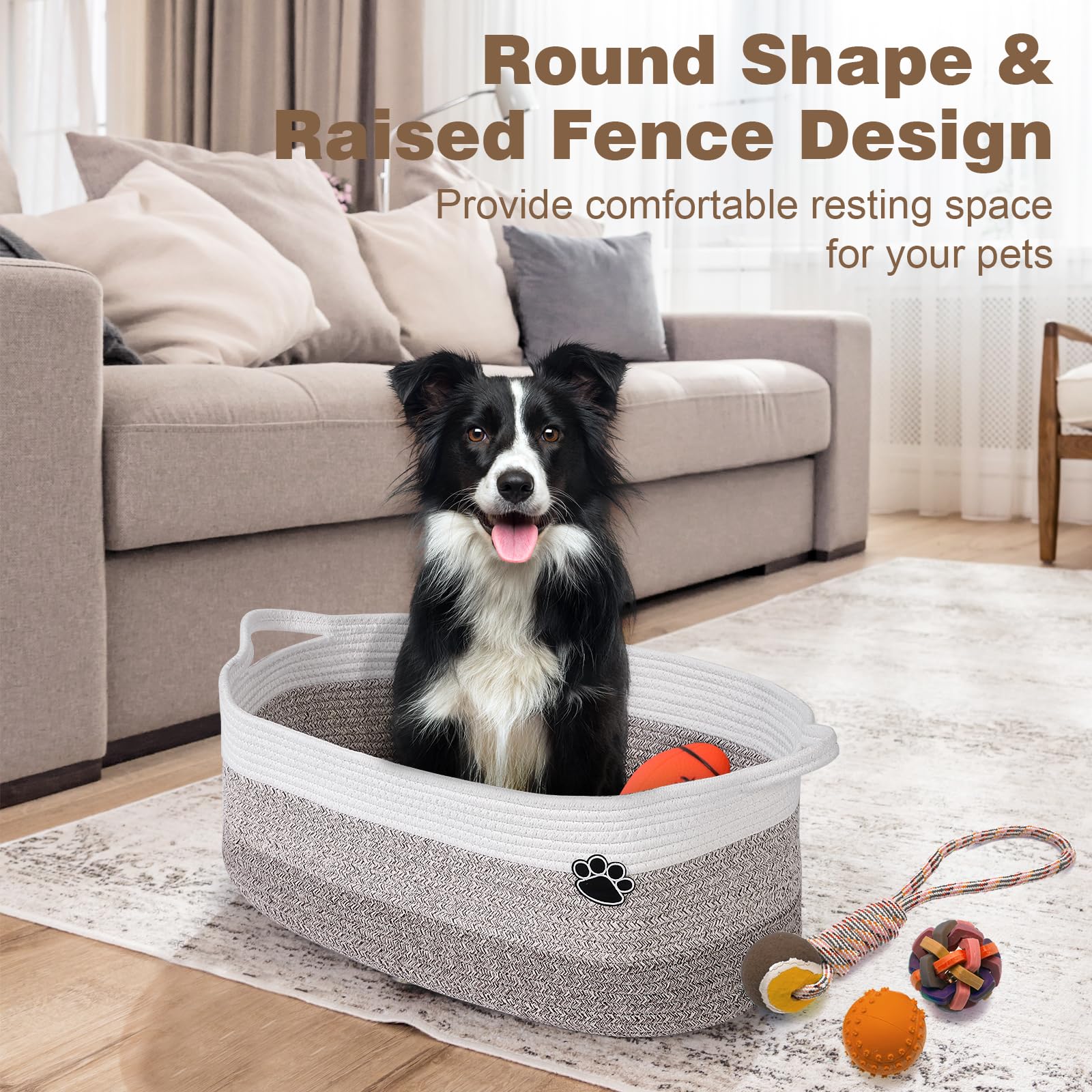 Optish dog toy basket in living room enhances pet storage aesthetics.