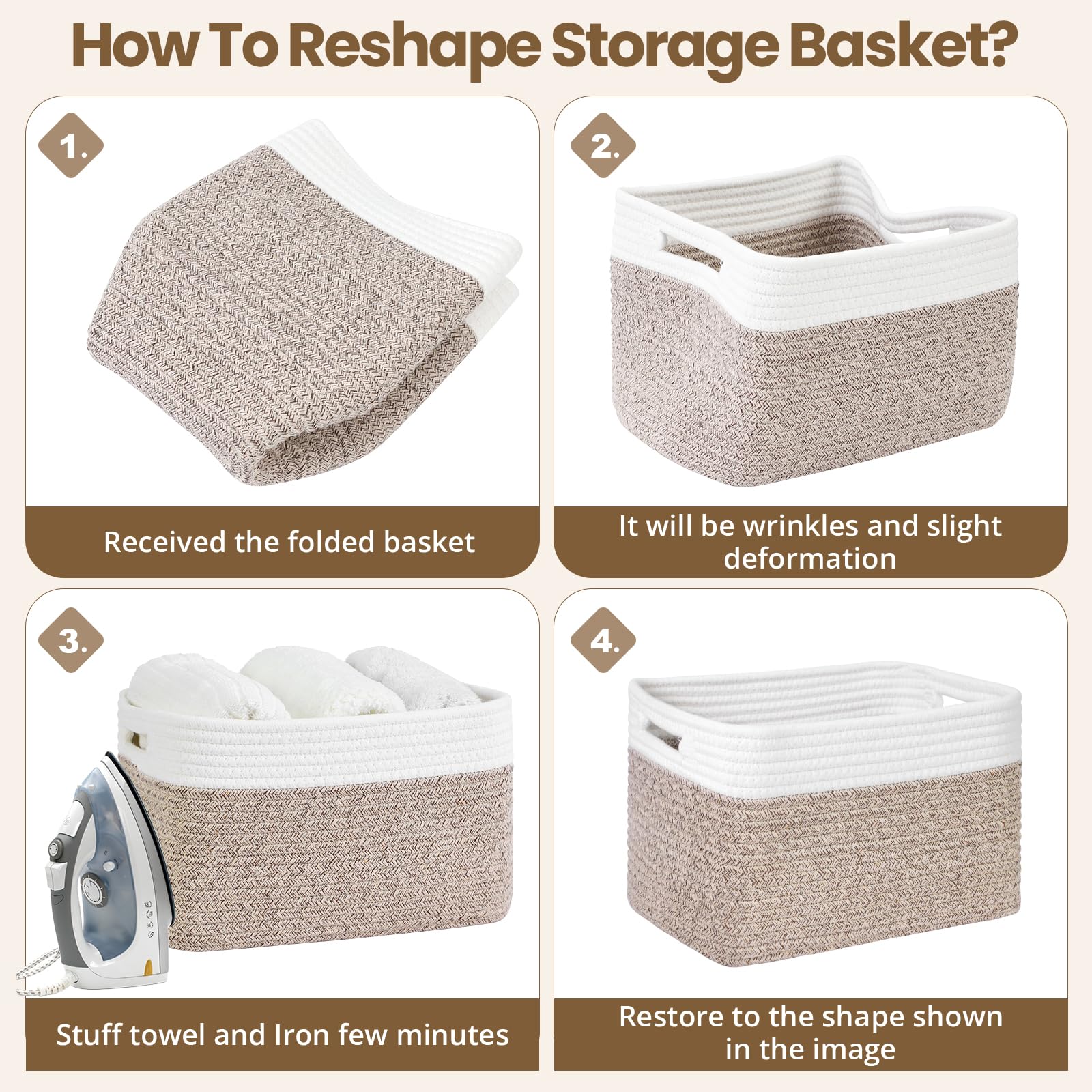 Optish white-brown baskets set complements bedroom organization.