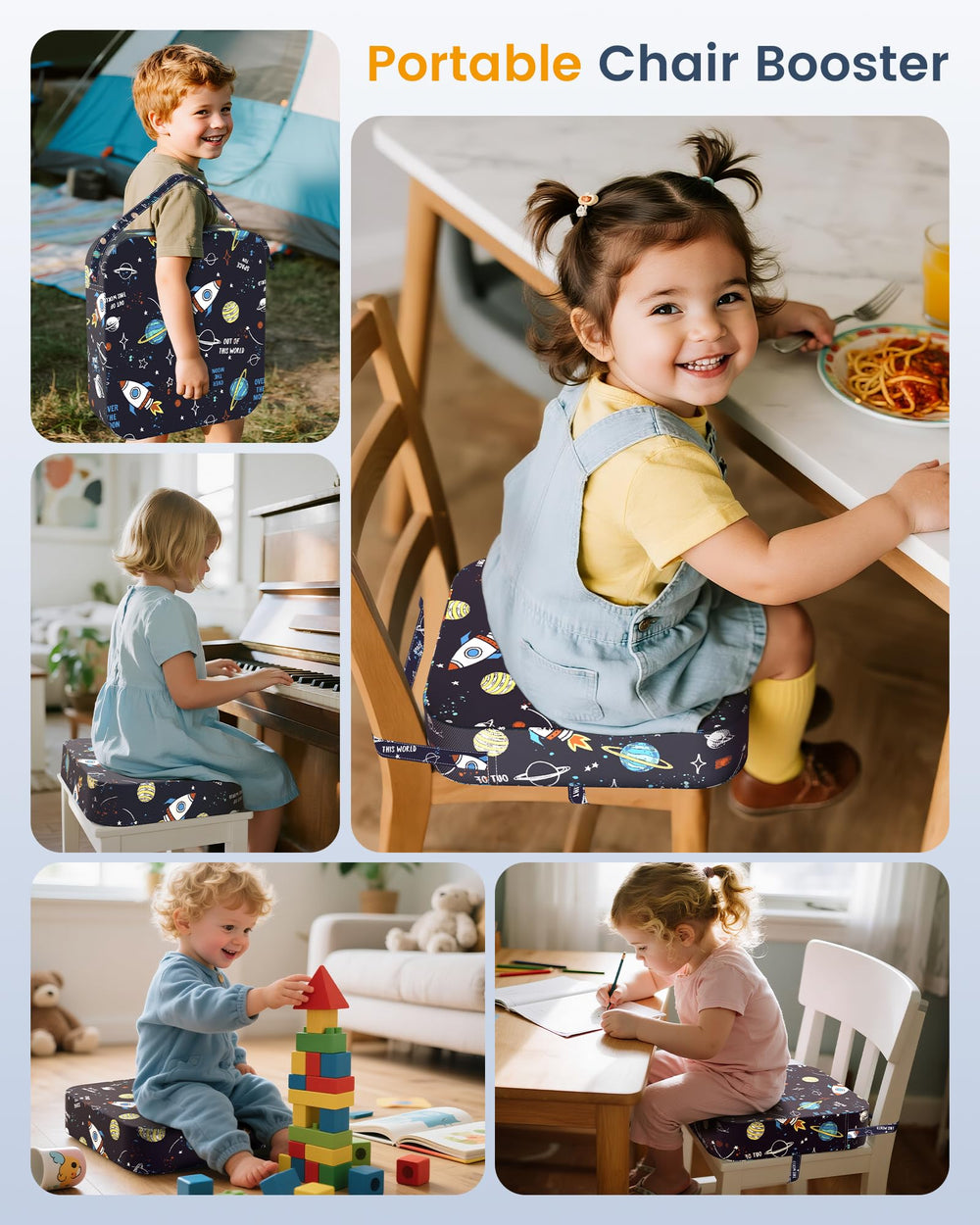 OPZAVYA blue rocket pattern booster seat appeals to kids at family meals
