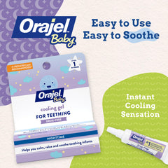 Orajel Baby Nighttime Cooling Gel chamomile packaging highlights a drug-free formula.