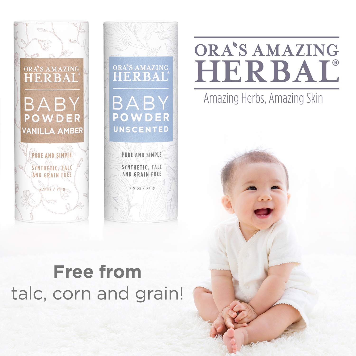 Biodegradable tube packaging of Ora's Amazing Herbal Baby Powder.