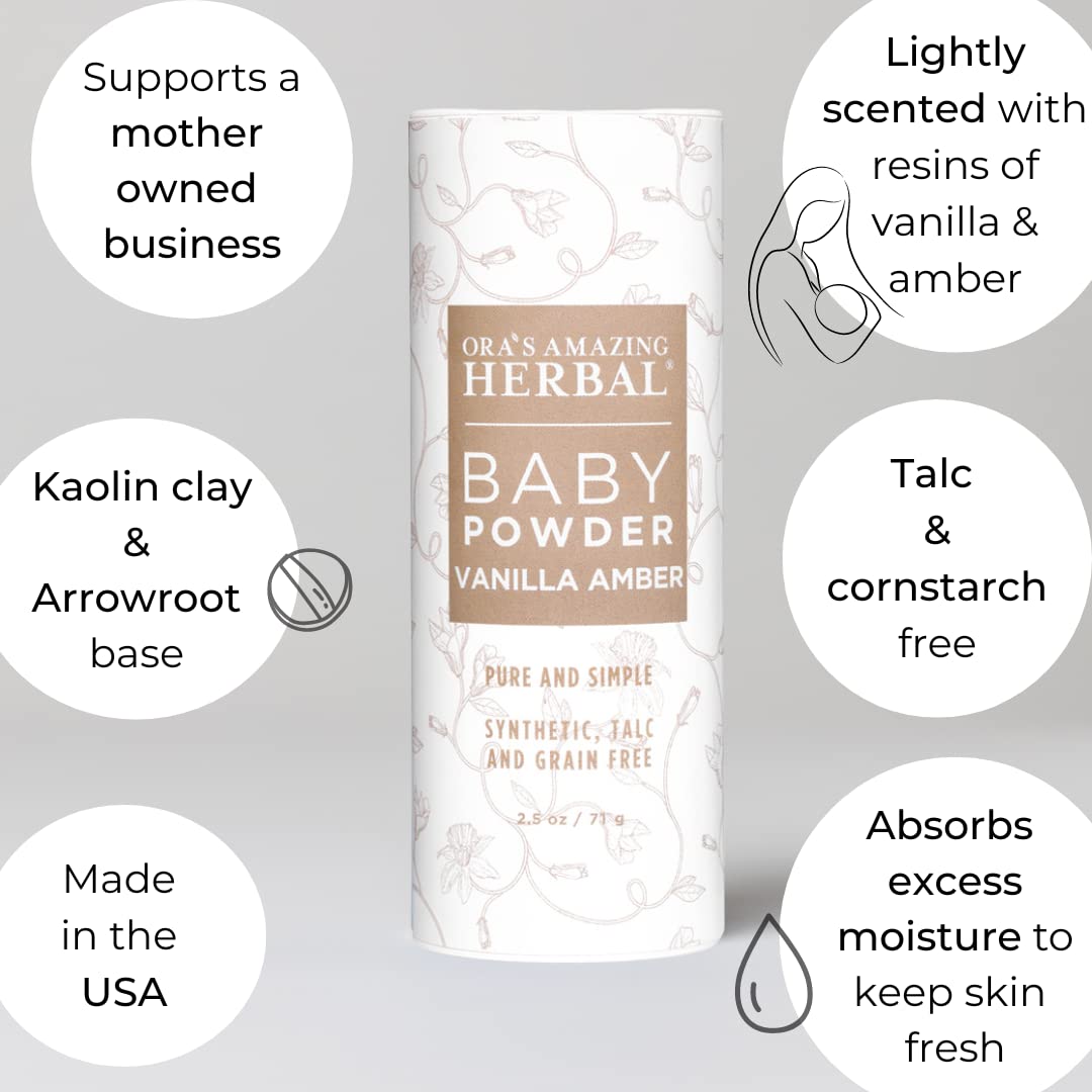 Pouring Ora's Amazing Herbal Baby Powder showing talc-free formula.