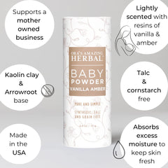 Pouring Ora's Amazing Herbal Baby Powder showing talc-free formula.