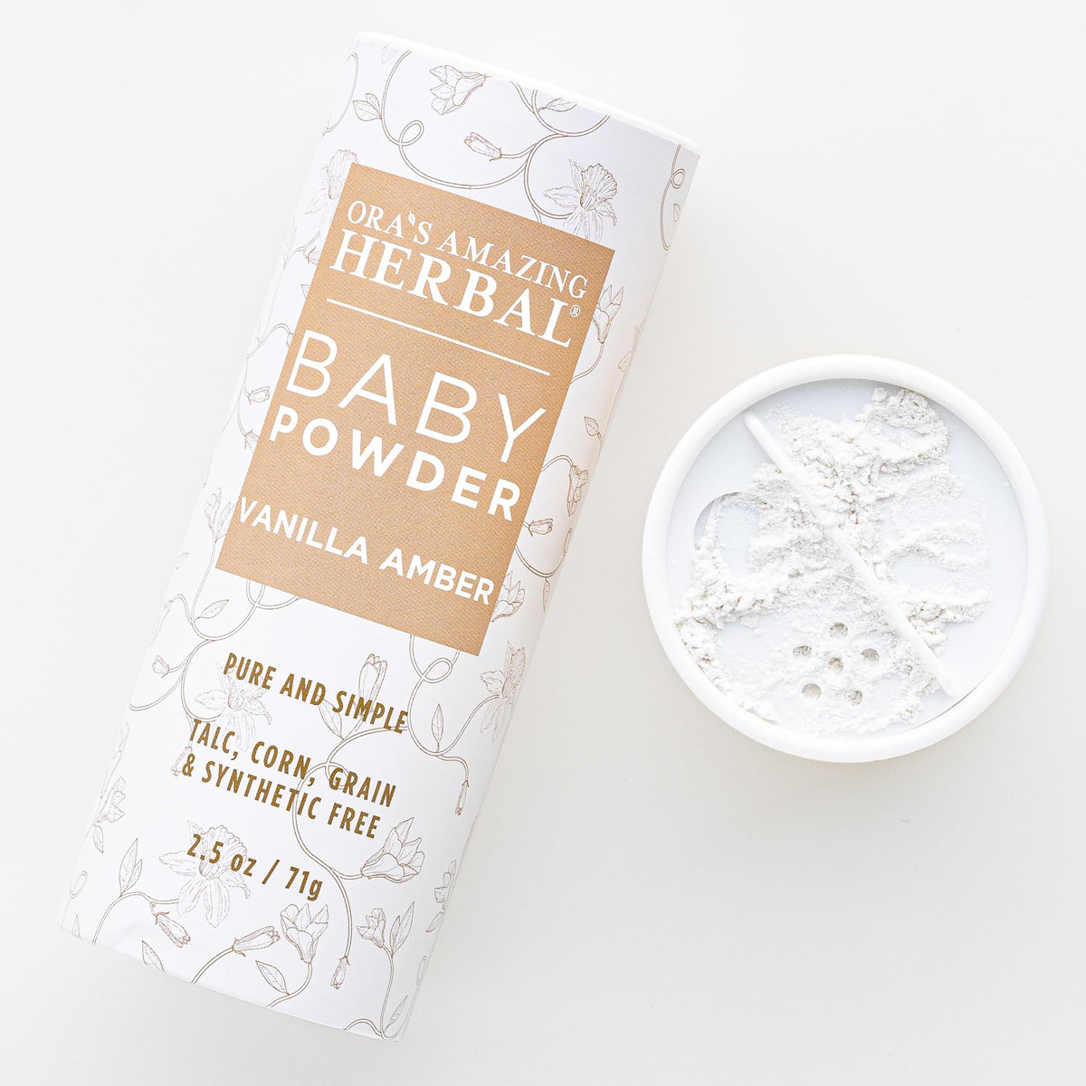 Ora's Amazing Herbal Baby Powder Vanilla Amber tub with soft texture for gentle daily use.