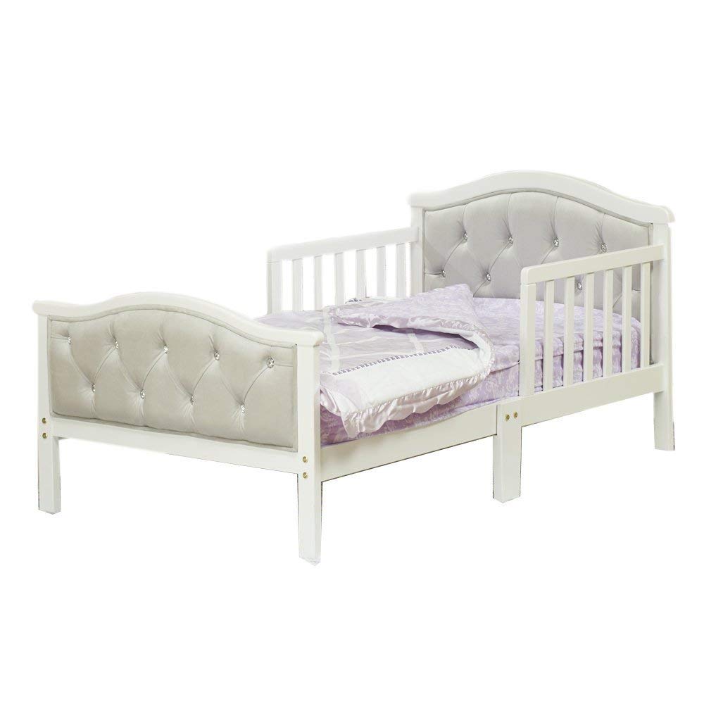 Orbelle Gray padded toddler bed frame view, showcasing sturdy solid-wood construction for safe sleep.