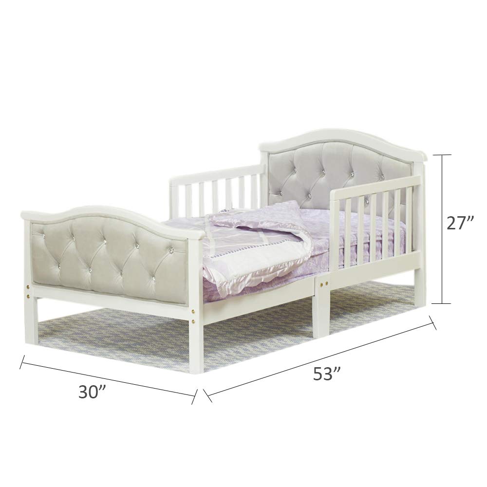 Orbelle Gray padded toddler bed in a cozy room setup, blending comfort with decor.
