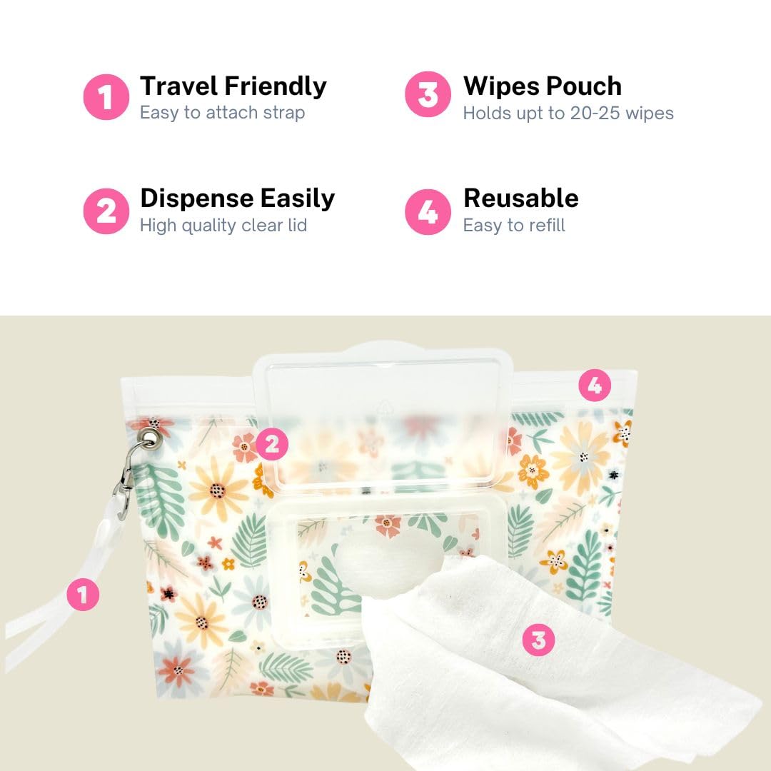 Orchid Hearts dispenser with secure zipper keeps wipes moist during outings.