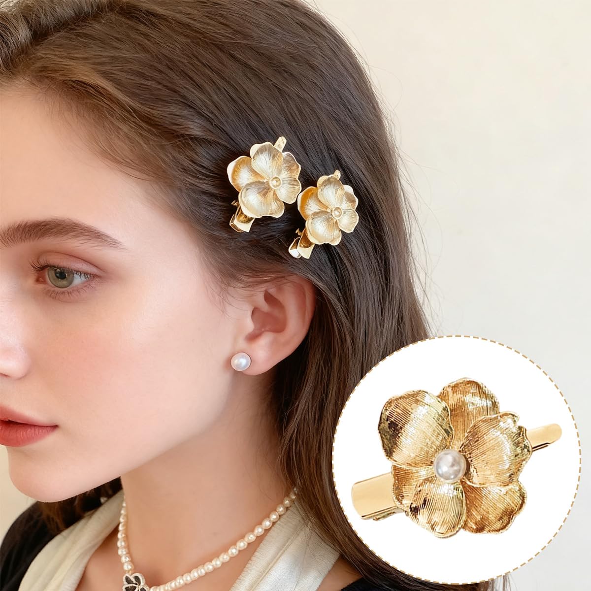 Ordeonrus floral gold hairpin adds vintage charm to bridesmaid hairstyles.