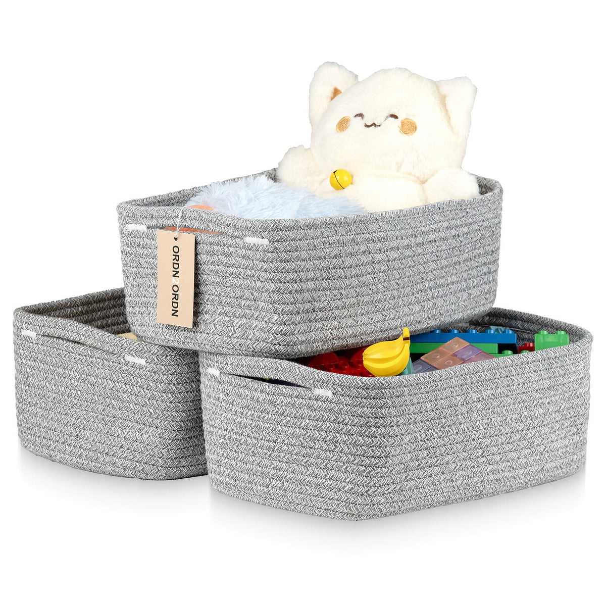 Ordn2Ordn small storage baskets three-pack in gray weave for stylish shelf organization.