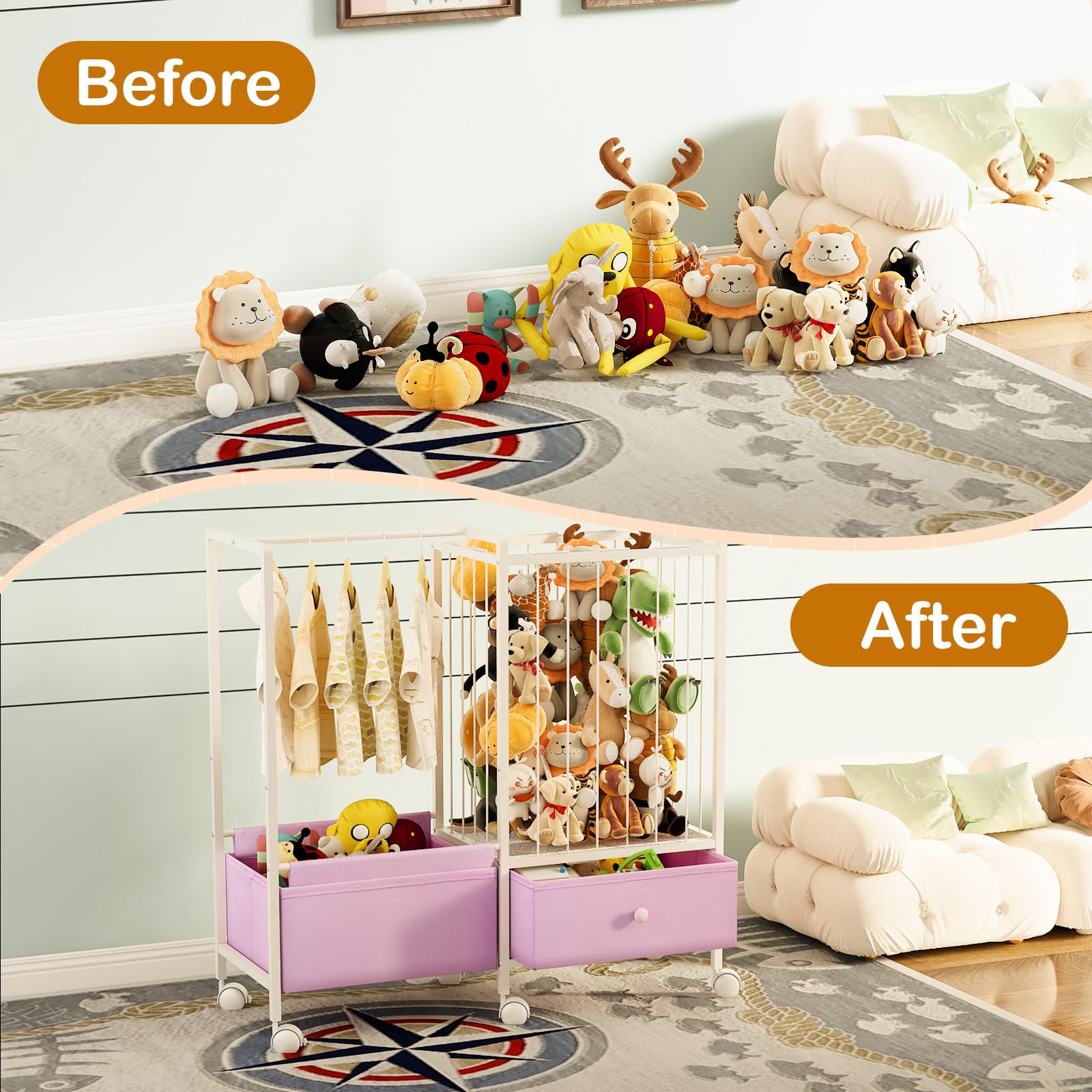 Orekemo metal frame offers sturdy support for toys and outfits.