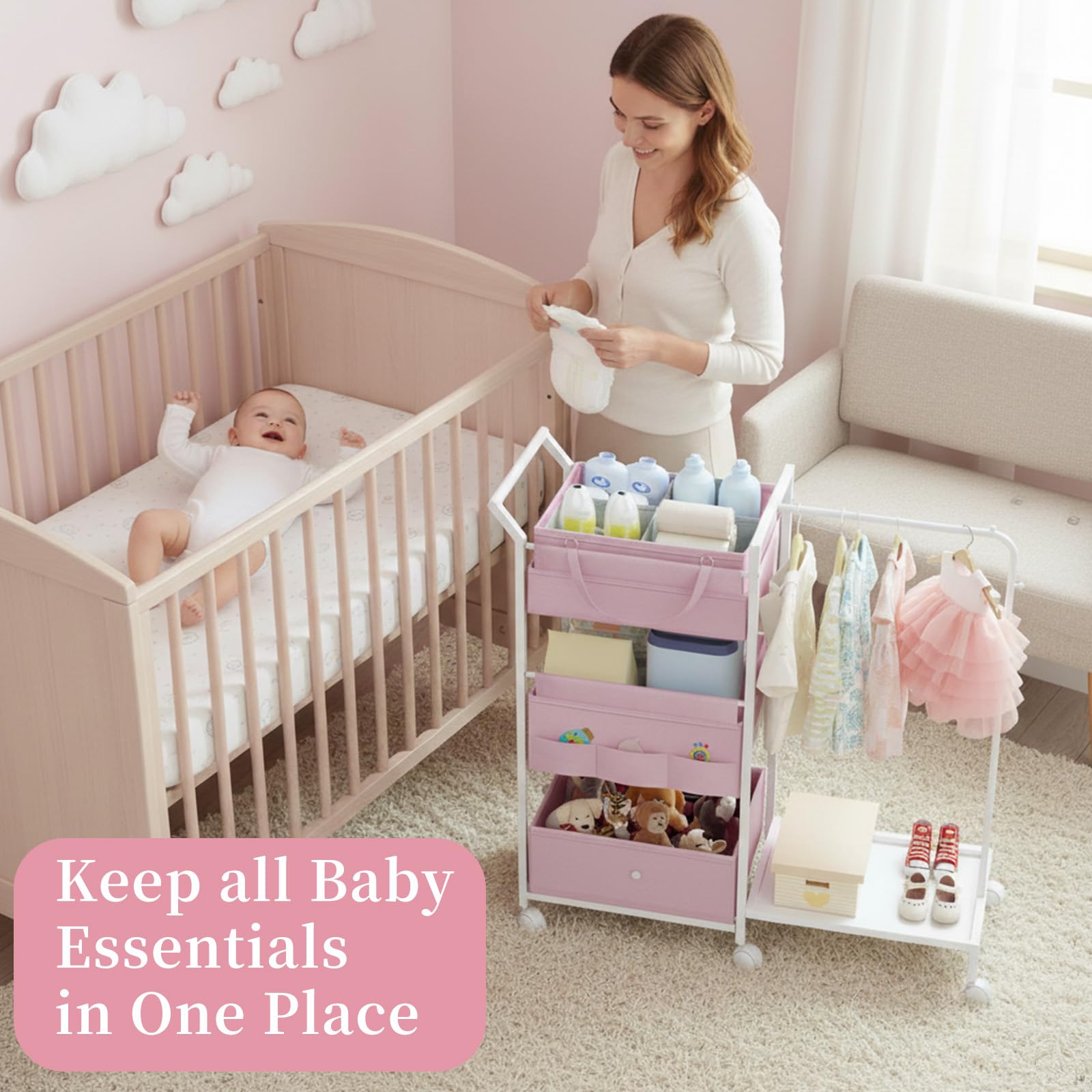 Orekemo rolling cart with drawers keeps baby essentials organized.