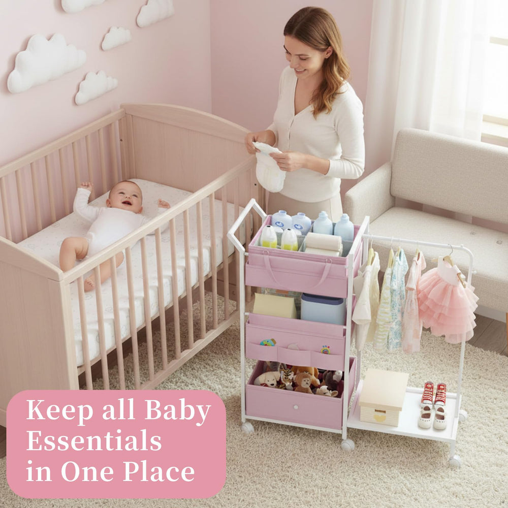 Orekemo rolling cart with drawers keeps baby essentials organized.