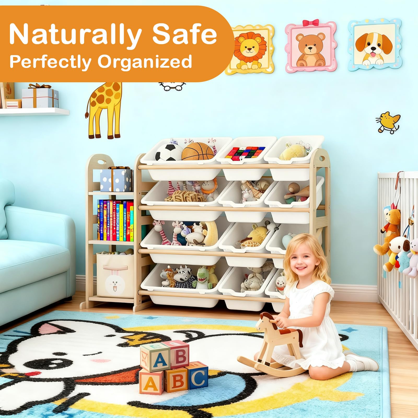 Orekemo toy storage organizer three-shelf design ideal for sorting books and toys.