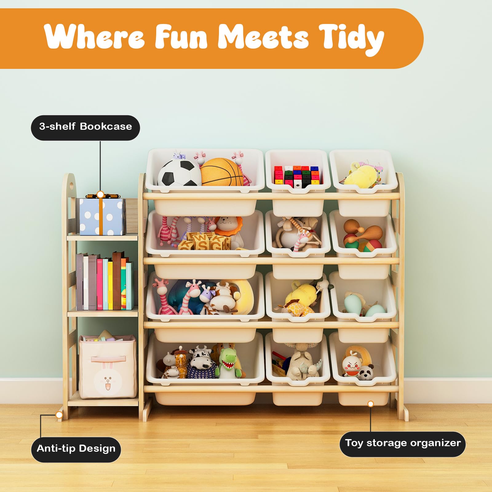 Orekemo toy storage organizer kid-friendly height promotes independent cleanup.