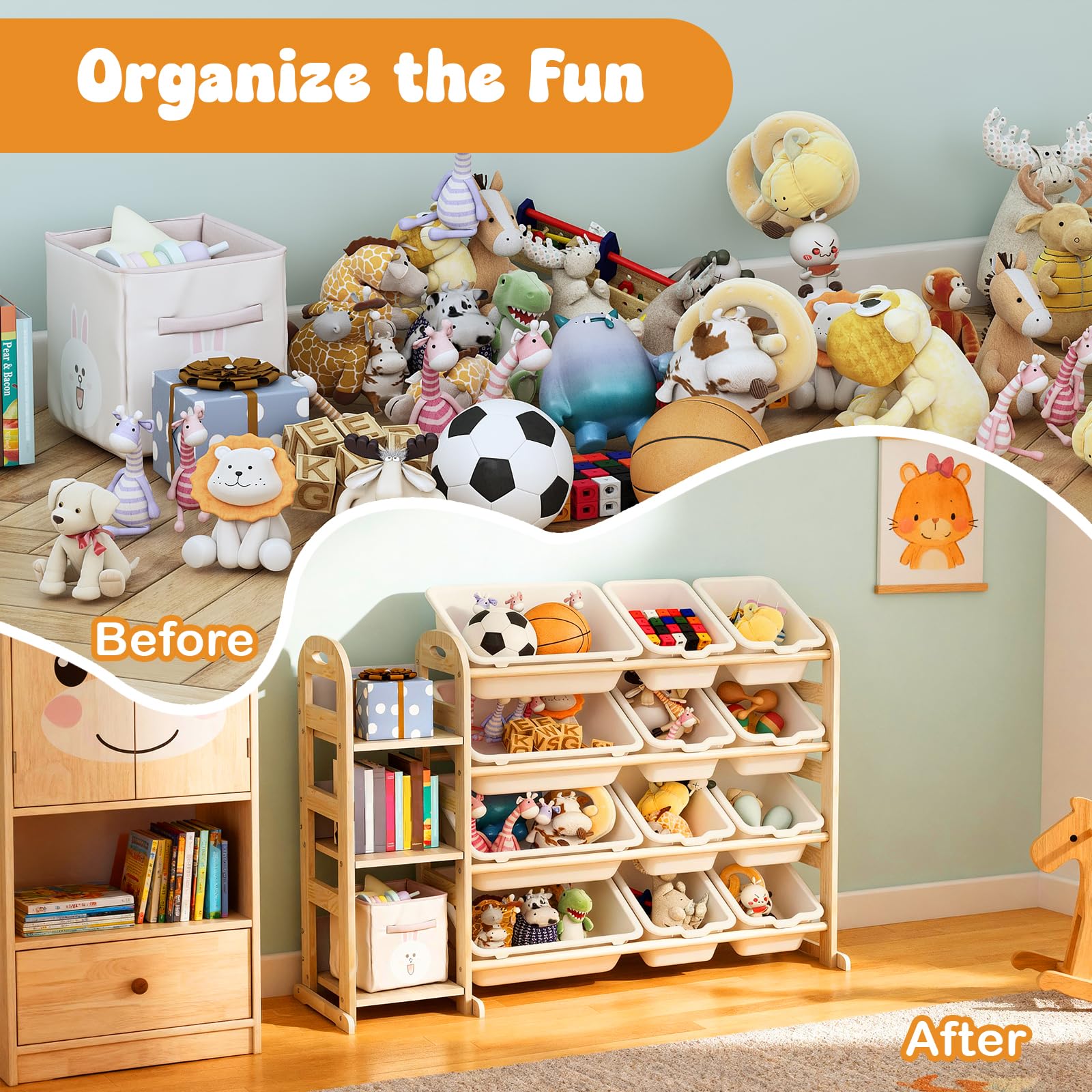 Orekemo toy storage organizer sturdy three-legged base improves stability.