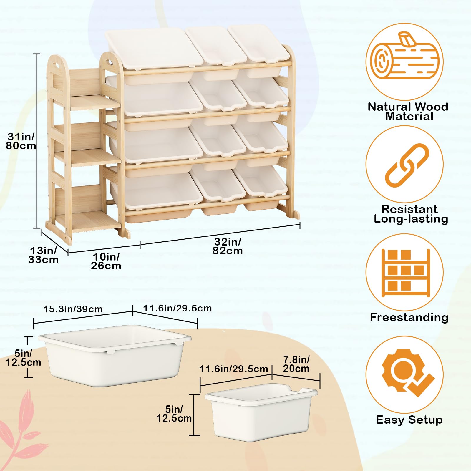 Orekemo toy storage organizer with wooden shelves and bright white bins for tidy play.