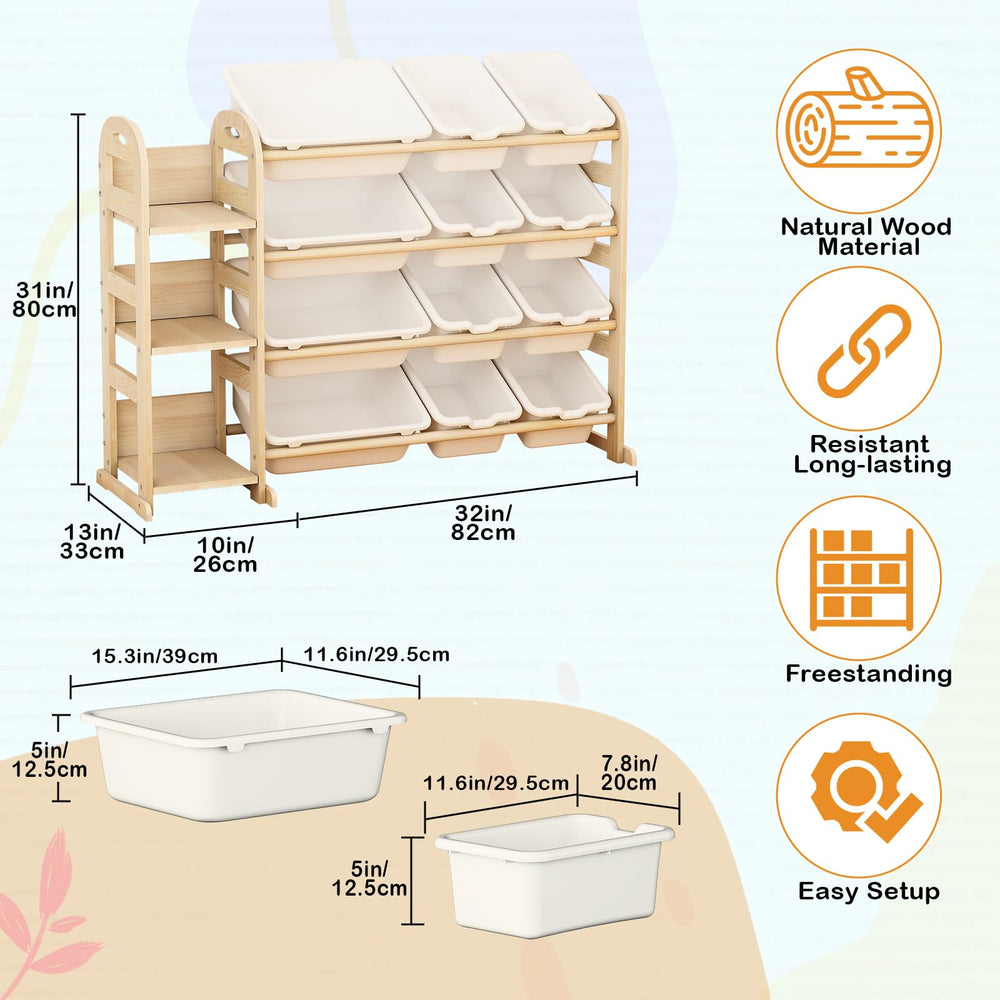 Orekemo toy storage organizer with wooden shelves and bright white bins for tidy play.
