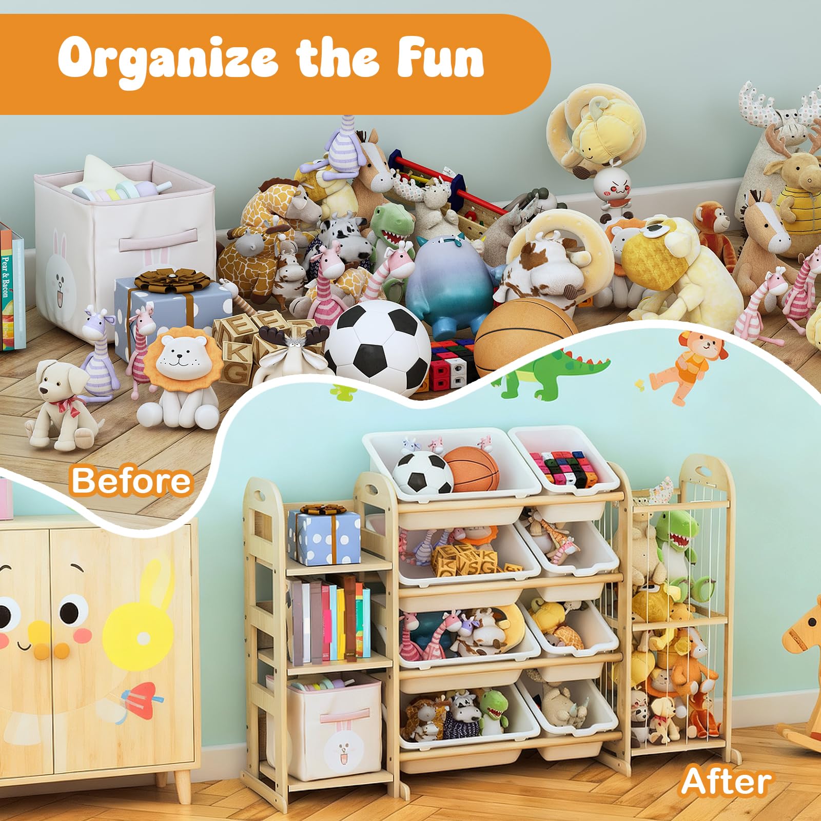 Orekemo spacious storage dimensions support books, toys, and stuffed animals.