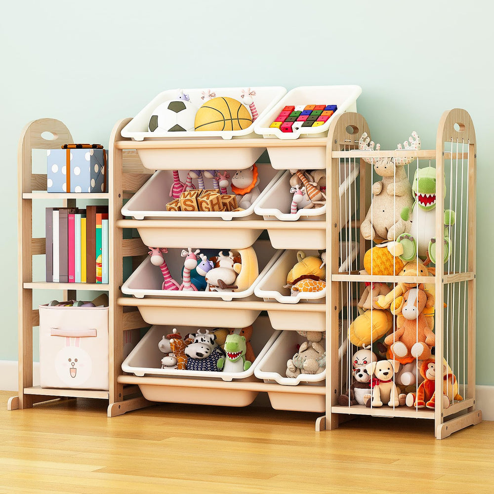 Orekemo wooden toy storage organizer with four large bins and three shelves for tidy playrooms.