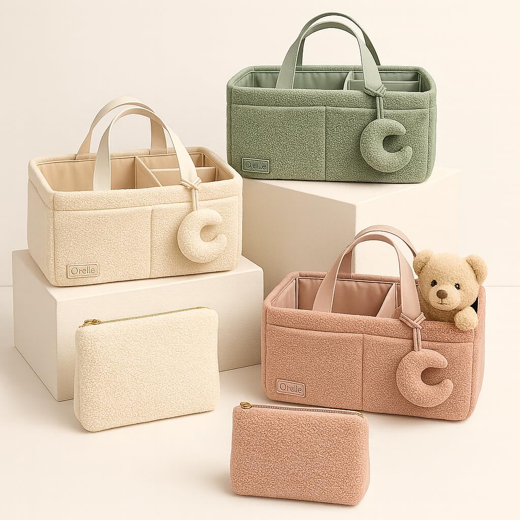 Orelle Bouclé Diaper Caddy Three Compartments organize diapers, wipes, and creams.