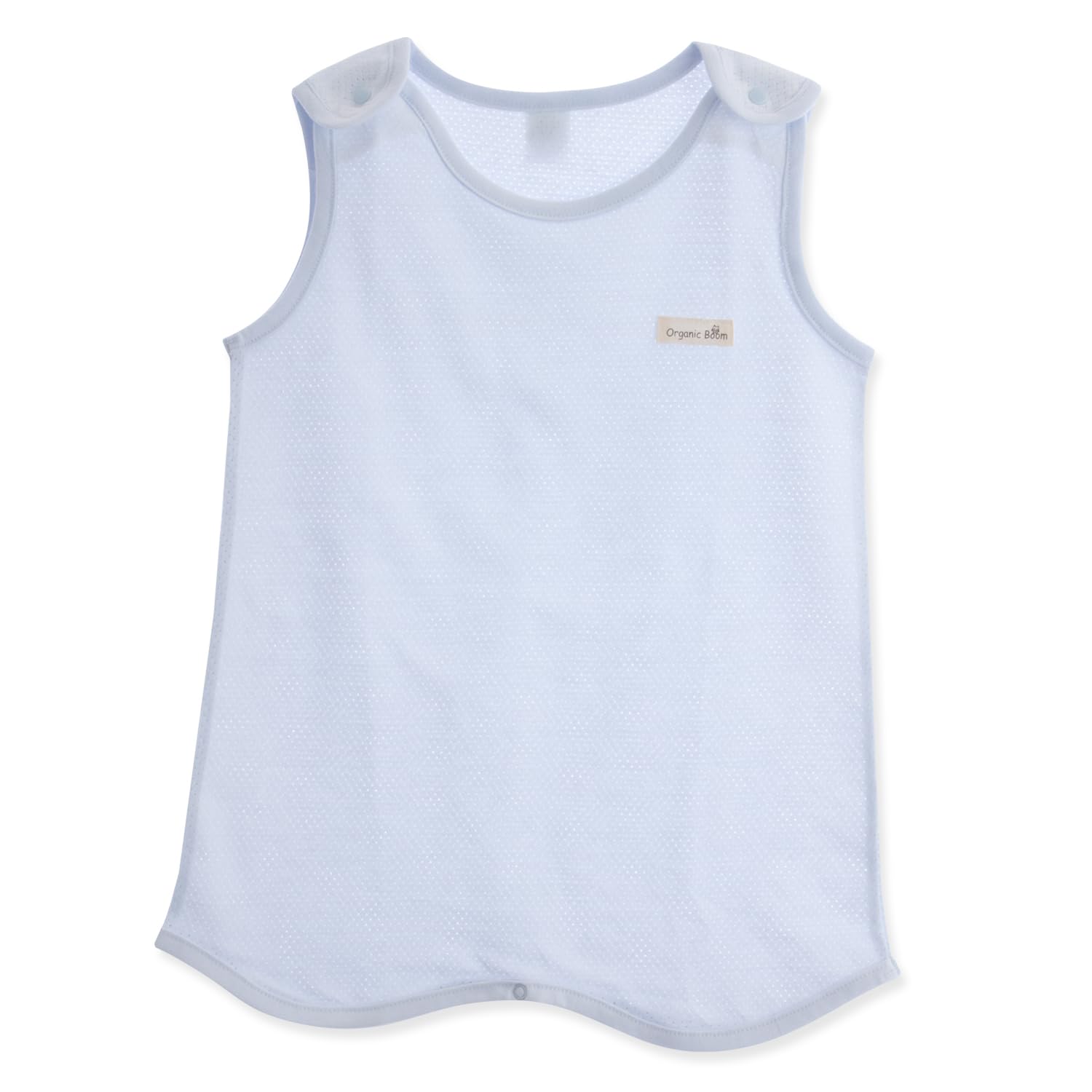 Organic Boom baby wearable vest in blue with mesh jacquard front, breathable for summer sleep.