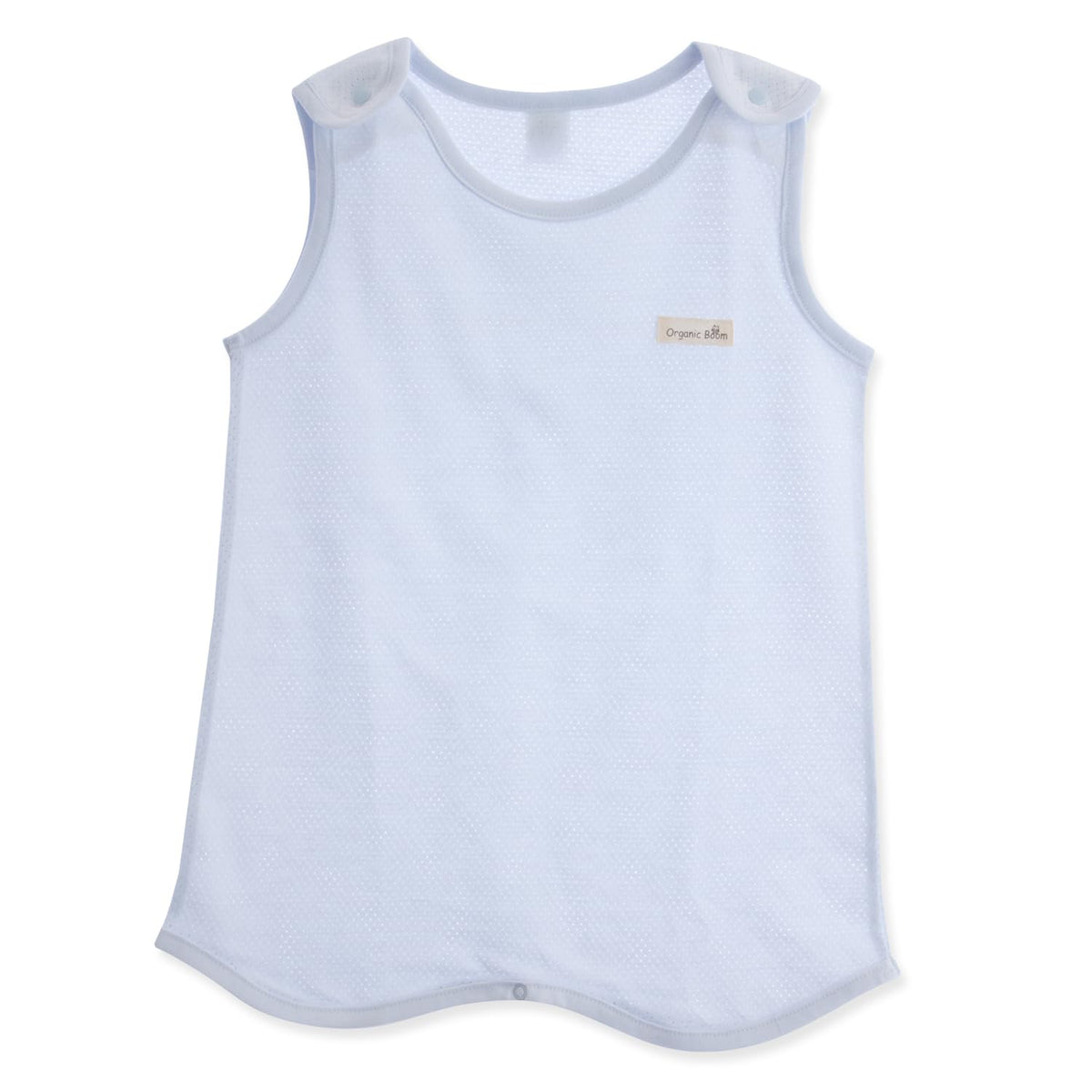 Organic Boom baby wearable vest in blue with mesh jacquard front, breathable for summer sleep.