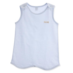 Organic Boom baby wearable vest in blue with mesh jacquard front, breathable for summer sleep.