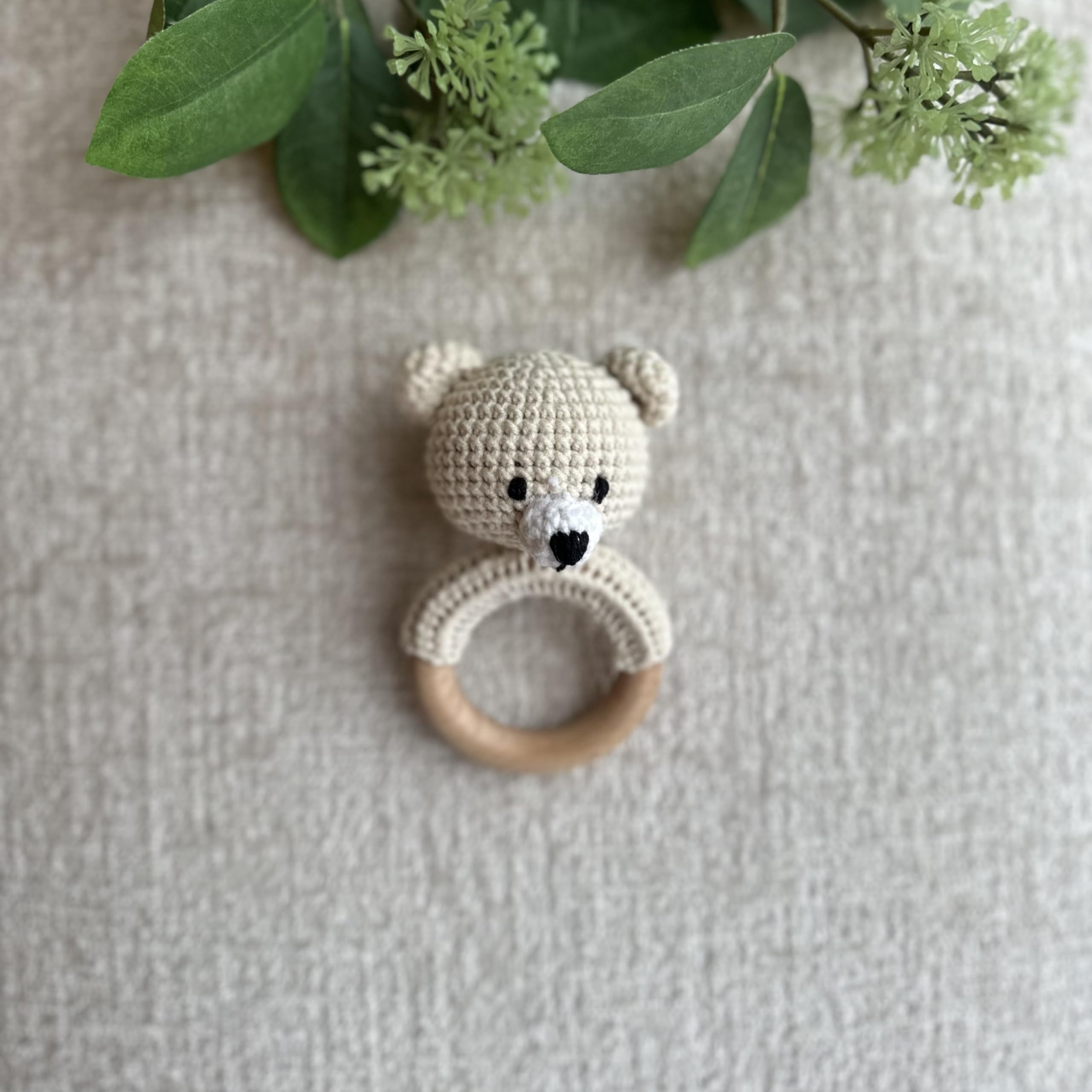 Organic Cotton Handmade Crochet Bear Rattle bear face close-up with gentle stitching