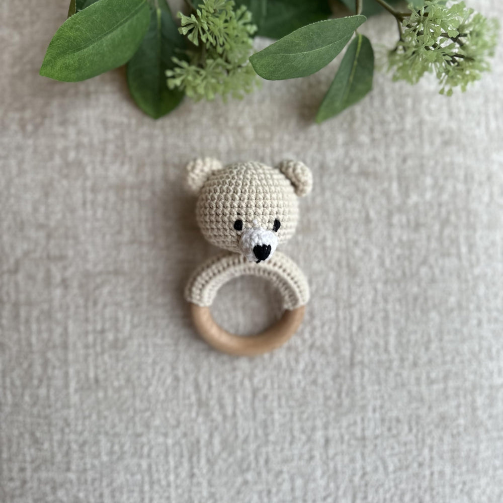 Organic Cotton Handmade Crochet Bear Rattle bear face close-up with gentle stitching