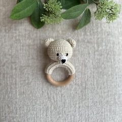 Organic Cotton Handmade Crochet Bear Rattle bear face close-up with gentle stitching