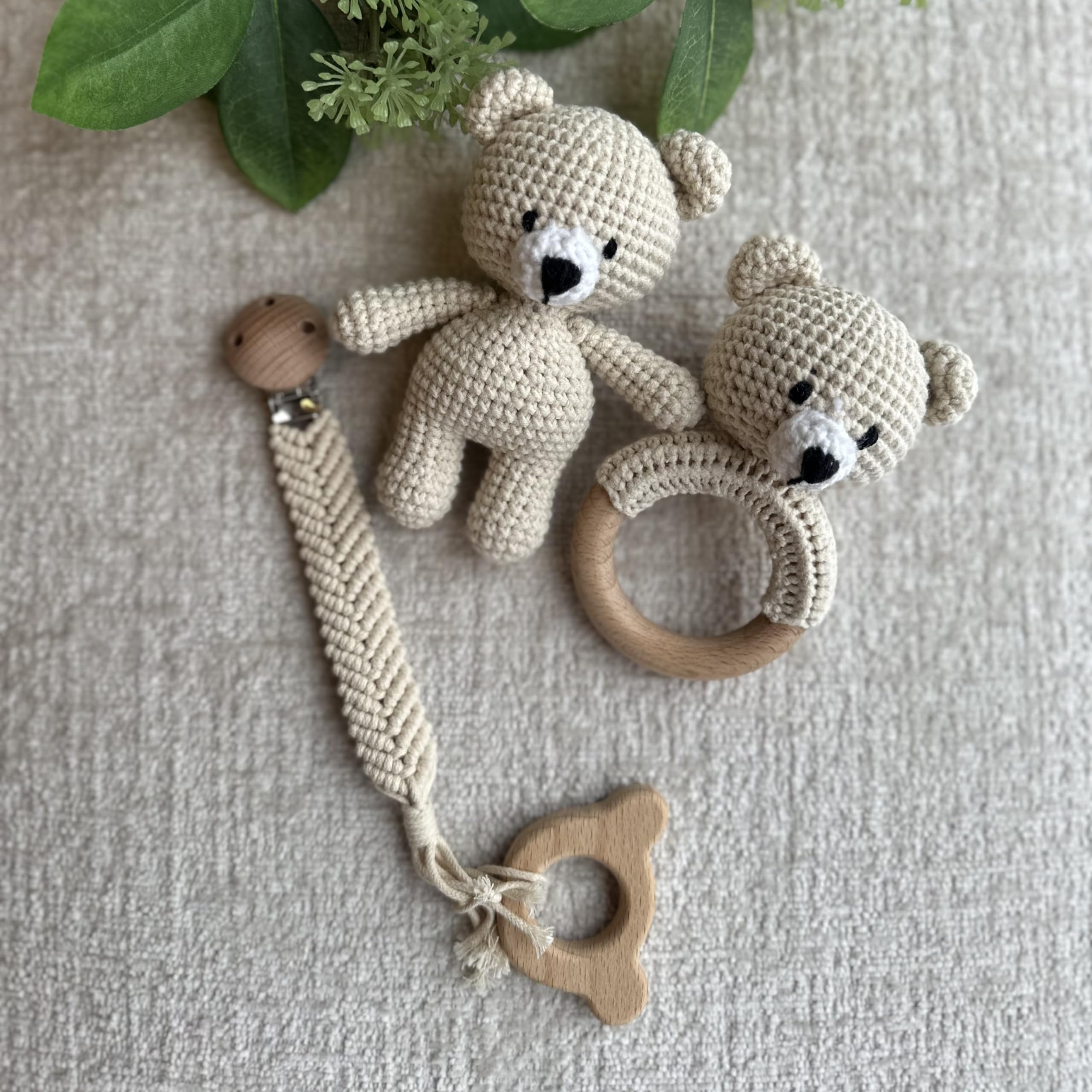Organic Cotton Handmade Crochet Bear Rattle in soft color for newborn soothing
