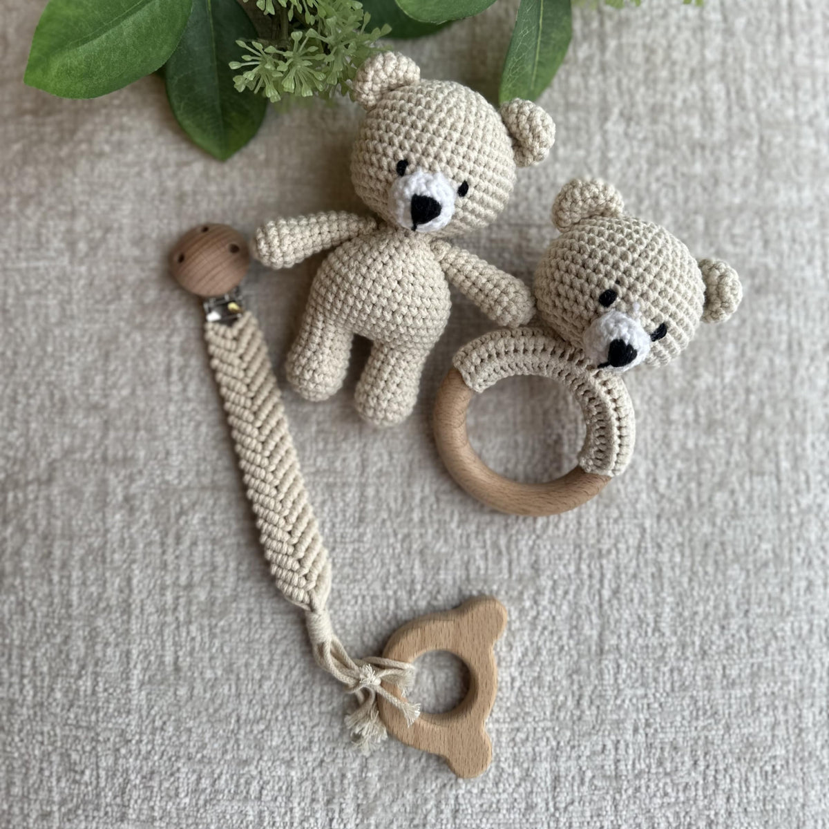 Organic Cotton Handmade Crochet Bear Rattle in soft color for newborn soothing