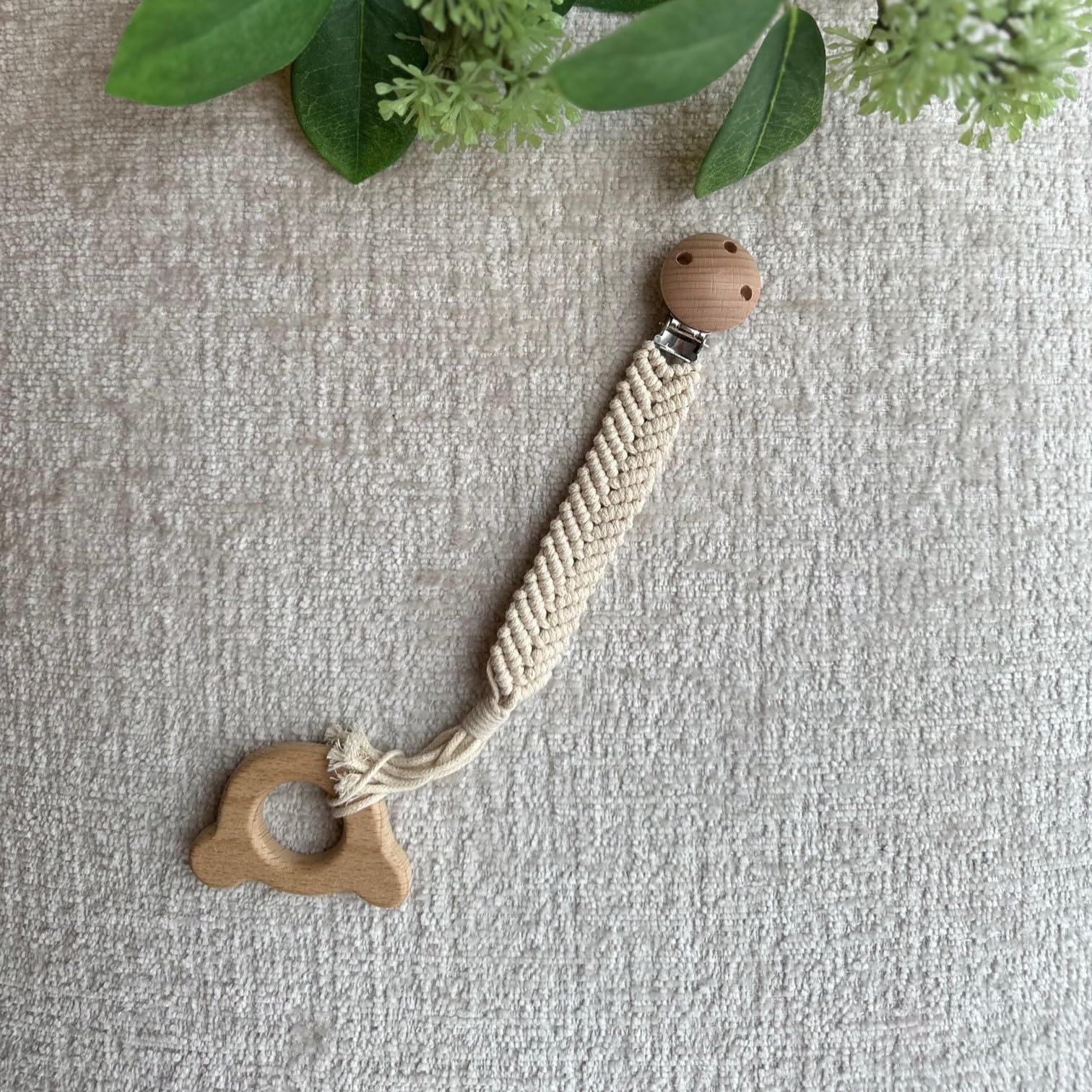 Organic Cotton Handmade Crochet Bear Rattle wooden teether in natural finish