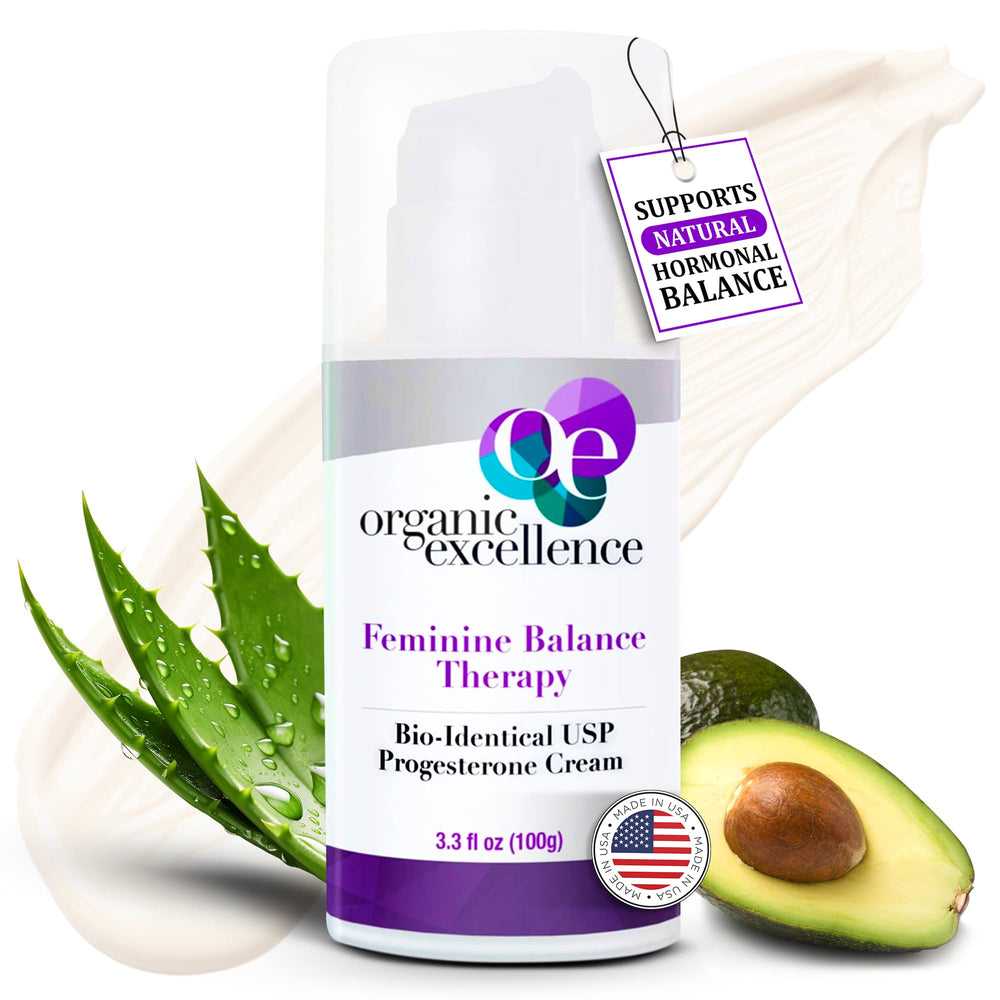 Organic Excellence Progesterone Cream bottle for convenient on-skin use supporting balance.